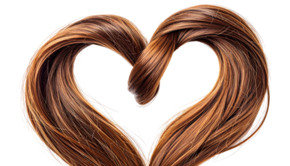 Brown and blonde highlights are twisted into a heart shape against a black background creating a sense of love