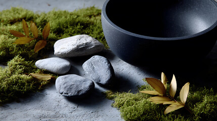 Zen stones and black bowl on green moss with leaves, natural spa composition