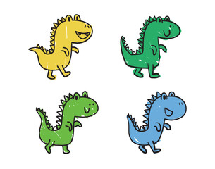 Funny green doodle hand drawn cartoon cute dinosaur set. Baby art, dinosaur with smile character