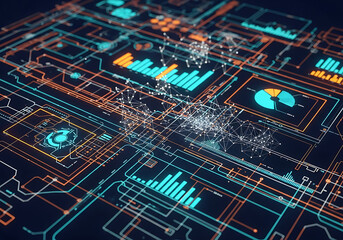 A futuristic data visualization artwork featuring luminous neon lines, grids, and charts interconnected on a dark navy background. Abstract yet precise, representing information flow and analysis in t