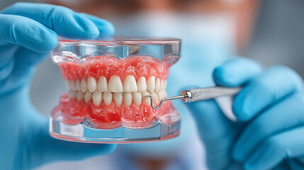 Dentist holding dental model with tool for oral care.