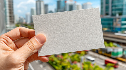 Hand Holding Blank Paper Outdoors for Advertising.