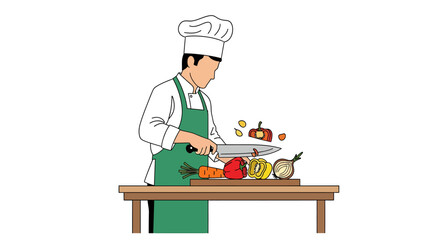 Professional chef expertly chopping a vibrant mix of fresh vegetables on a wooden cutting board, isolated on a white background