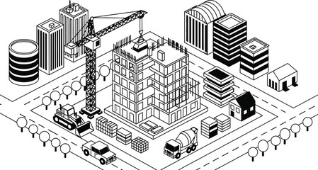 Isometric construction site illustration building development
