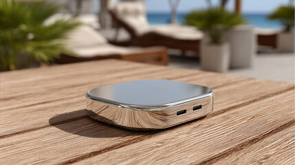 Wireless Phone Charger on Wooden Table Outdoors.
