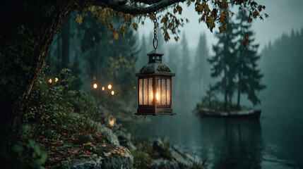 Minimalist Old Lantern in Misty Forest at Dusk.