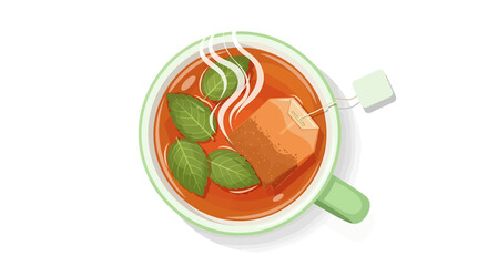 A refreshing cup of herbal tea with mint leaves and a tea bag, depicted in a top-down view illustration on a white background