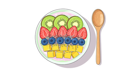 Colorful Fruit Bowl with Kiwi, Strawberries, Blueberries and Mango Illustration