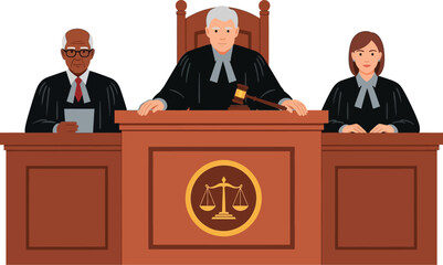 Courtroom scene with judges justice system law and order concept