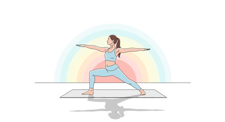 Mindful woman in Warrior II yoga pose, illustrating balance, strength, and tranquility with a gentle rainbow arch, promoting wellness and inner harmony