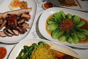 Close up egg noodle served with barbecue pork, Bok Choy(Chinese cabbage) and egg tofu