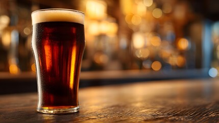 Amber ale with foam rests on a wooden bar, blurred background.