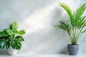 Indoor plants in modern pots against textured wall creating serene and fresh atmosphere