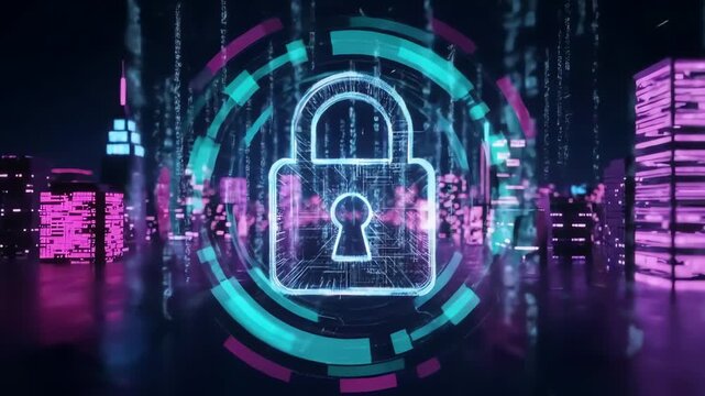 Digital padlock superimposed on a neon cityscape