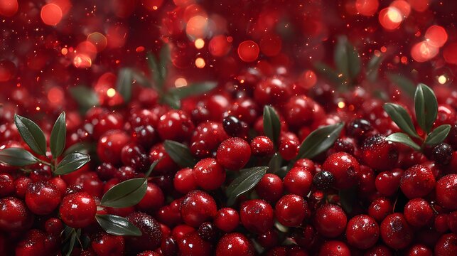 Ripe red berries with green leaves and bokeh lights create a festive backdrop.