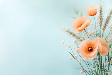 Beautiful Arrangement of Soft Peach Poppies with Delicate Flowers and Greenery on Light Background