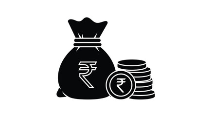 Black icon depicting a bag and stack of indian rupees currency