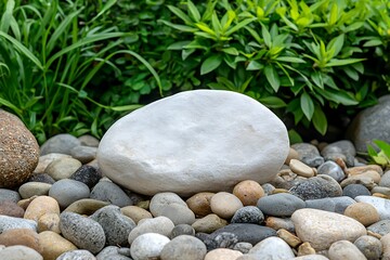 Natural Tranquil Garden Landscape with Smooth Stones and Lush Green Foliage Surrounding