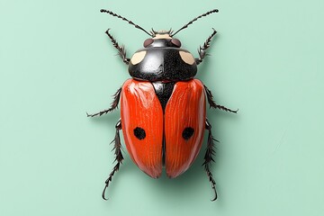 Vibrant Red Beetle with Distinctive Black Spots on Soft Green Background