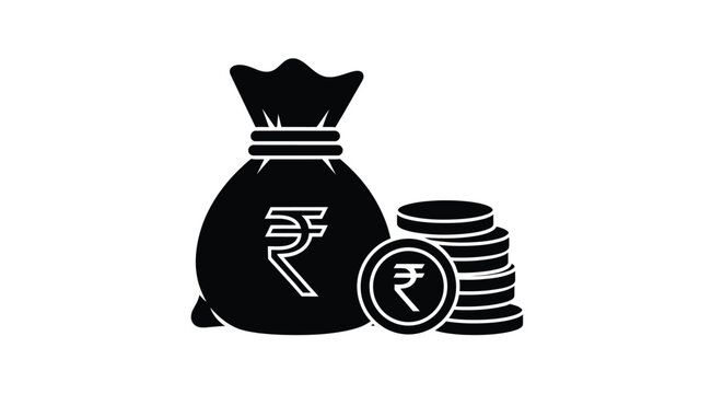 Black icon depicting a bag and stack of indian rupees currency