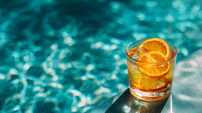 Refreshing cocktail with orange slices and ice sits by a shimmering blue pool. - Powered by Adobe