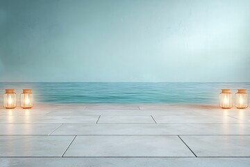 Tranquil Seaside Escape with Lanterns on a Serene Beach at Dusk