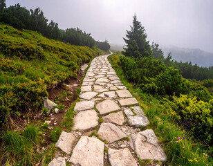 Moody, foggy morning scene of an isolated, rough stone path or trail climbing through the dense mist and rugged mountains.