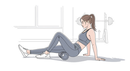 Woman Using Foam Roller for Leg Muscle Recovery in Gym Setting