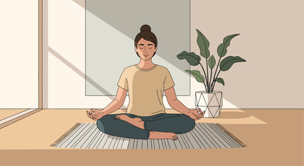 Peaceful illustration of a woman meditating in a sunlit room, practicing yoga for mindfulness, wellness, and inner balance at home