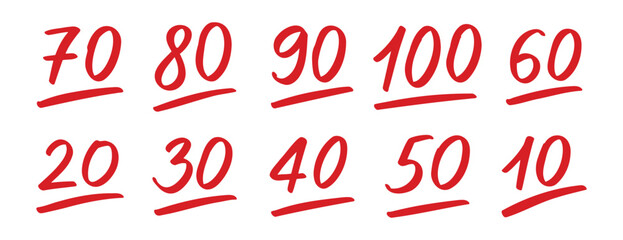 Doodle hand drawn test result set. exam score symbols. grade marks collection with red numbers. 10, 20, ... © Yanka