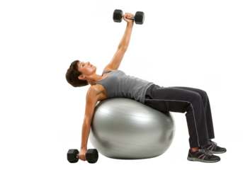 Woman performing dumbbell chest press on stability ball for strength training transparent background