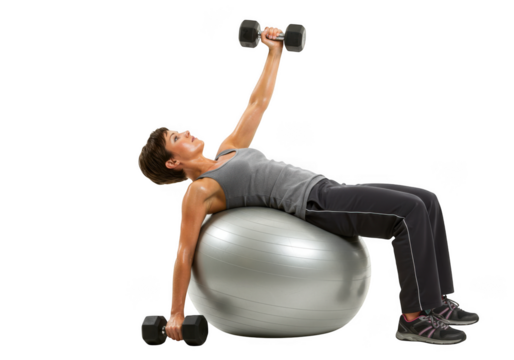 Woman performing dumbbell chest press on stability ball for strength training transparent background