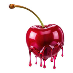 A ripe red cherry with juice dripping down, isolated on transparent background