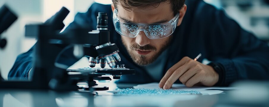 Exploring Microplastic Pollution: Researcher Documenting Findings Under Electron Microscope - Powered by Adobe