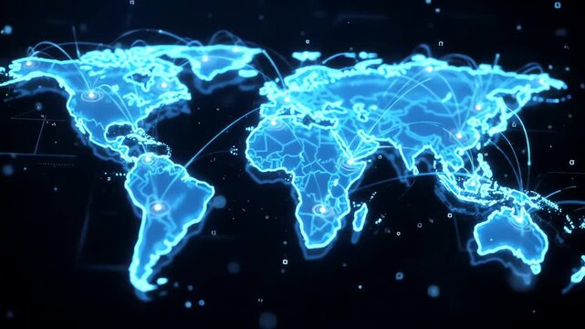 Digital world map with glowing blue connections and nodes