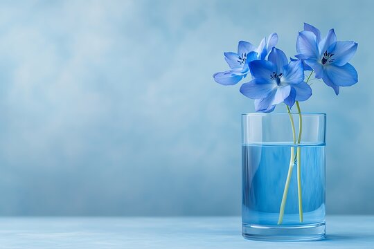 Delicate Blue Flowers in a Glass Vase against a Soft Blue Background