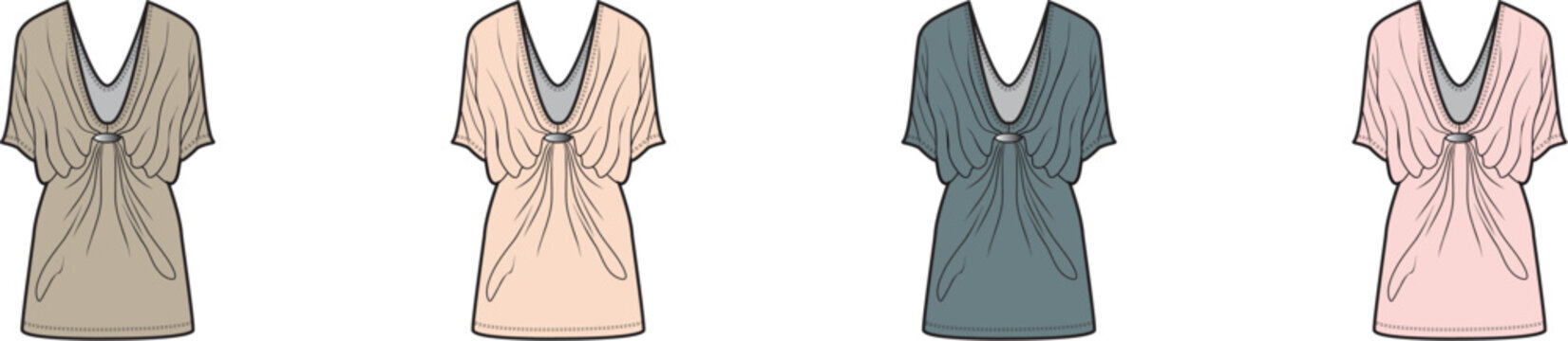 Illustration of women's stylish V-neck tunic tops. Featuring short sleeves and a drawstring waist in soft colors, ideal for casual wear, beach cover-ups, or relaxed fashion