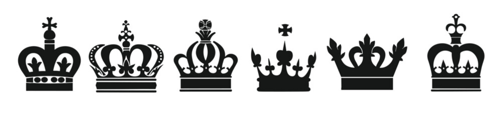 collection of seven black silhouette crowns in various 