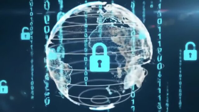 Glowing digital globe with cascading binary code and security lock icons - Powered by Adobe