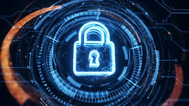 Glowing neon padlock superimposed on a futuristic digital circuit