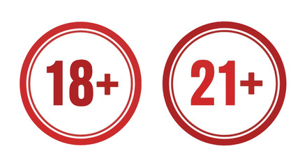 Red circles displaying age restriction signs eighteen plus and twenty one plus
