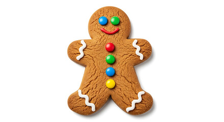 Gingerbread man cookie with colorful candy buttons and icing