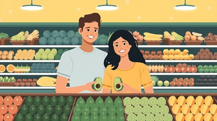 Happy young couple shopping for fresh avocados in the grocery store produce aisle.