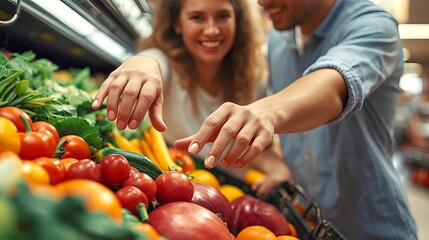Happy young couple choosing fresh vegetables together in a supermarket aisle.