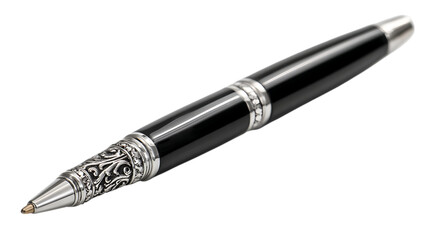 Sleek Black Ballpoint Pen with Silver Accents on white background.