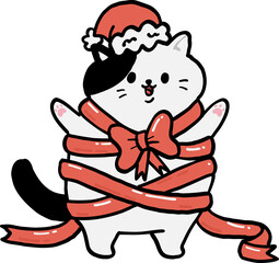 A festive cartoon cat wrapped in red ribbons, wearing a Santa hat and bow, exuding a playful holiday spirit.