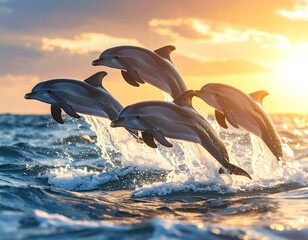 Fototapeta premium Four dolphins leaping out of ocean waves in the golden light of sunset, creating splashes, with a radiant sky in the background