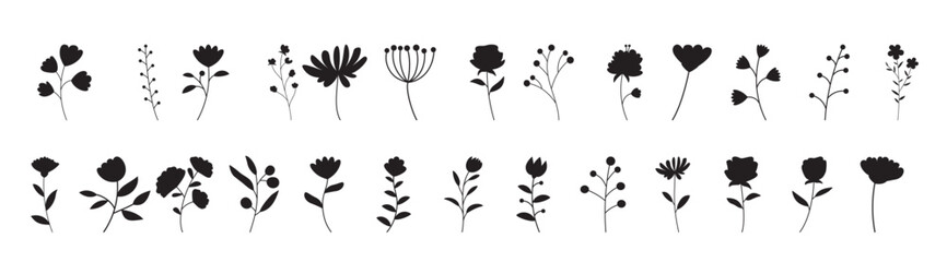 Floral branch silhouette set. Hand drawn with leaves and flowers on white background.
