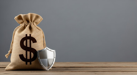 Burlap Sack Depicting Financial Security Protection Shield Symbol Investment Saving Future Planning Retirement Fund Insurance Savings Money