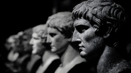 Row of ancient stone busts displayed in dramatic lighting.
